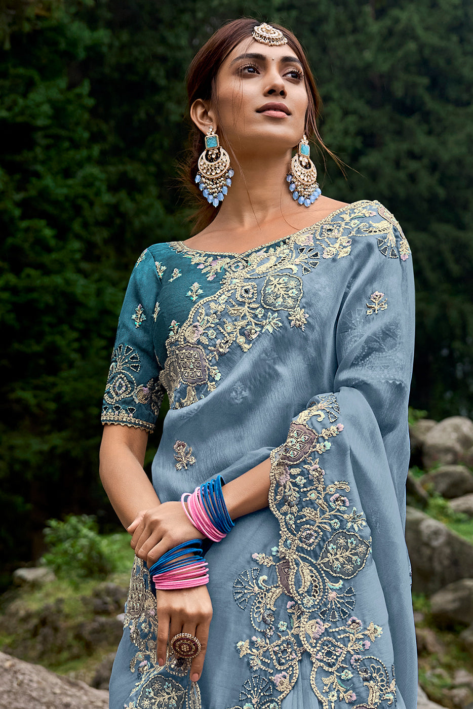 Powder Blue Organza Silk Saree with Intricate Embroidery work