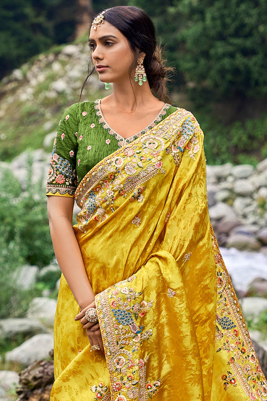 Saffron Yellow Viscose Silk Saree with Intricate Embroidery work