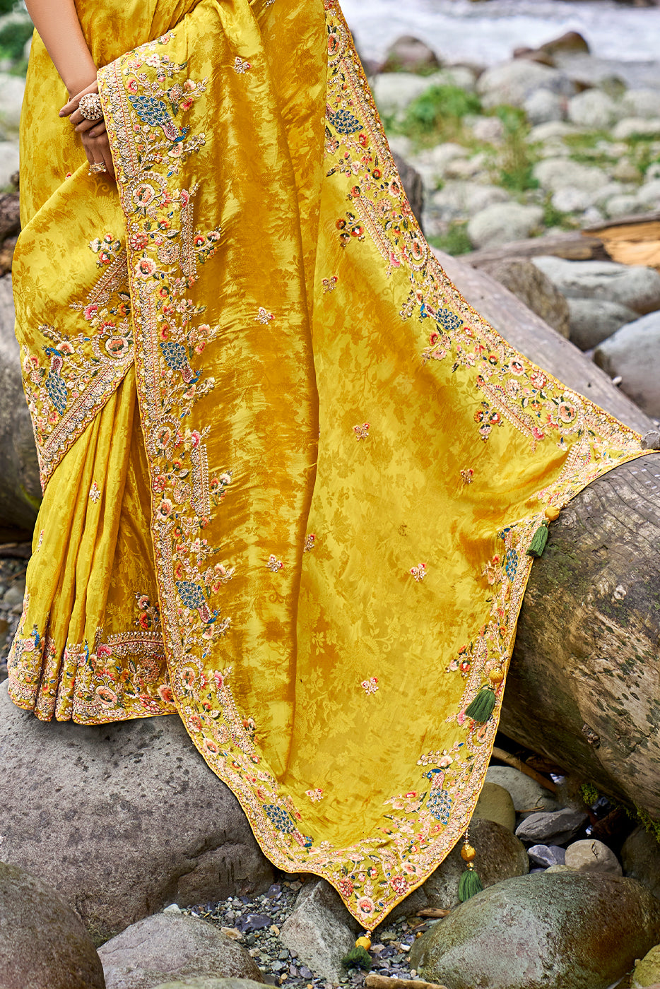 Saffron Yellow Viscose Silk Saree with Intricate Embroidery work