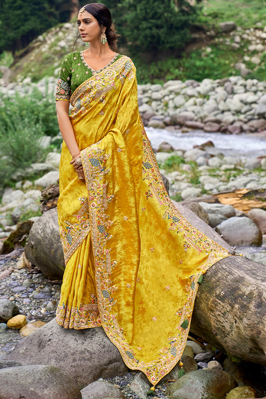 Saffron Yellow Viscose Silk Saree with Intricate Embroidery work