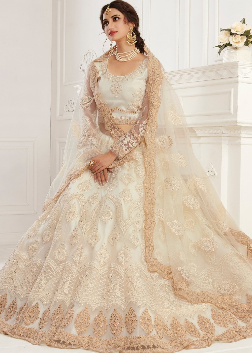 Ivory White Soft Net Lehenga Choli with Cording, Stonework, Thread & Zari Embroidery