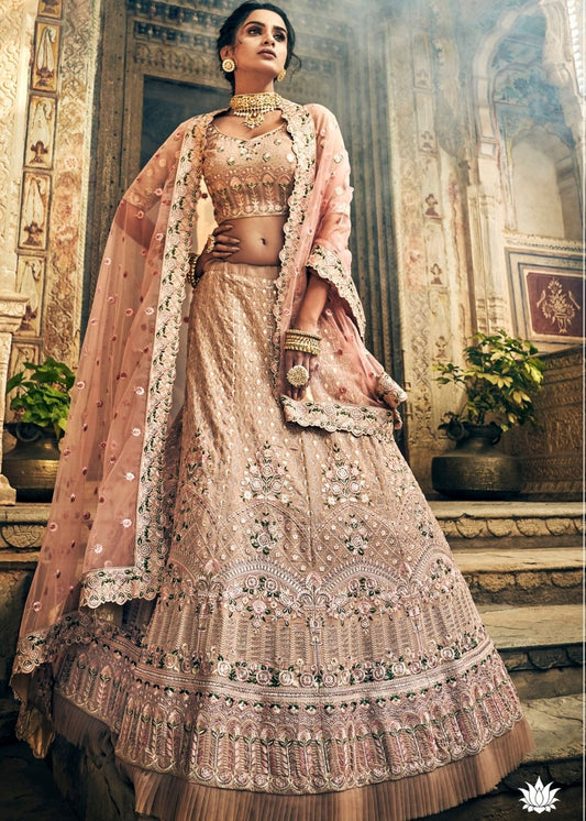 Rose Pink Georgette Lehenga Choli with Swarovski Thread and Zari work (Pre-Order)