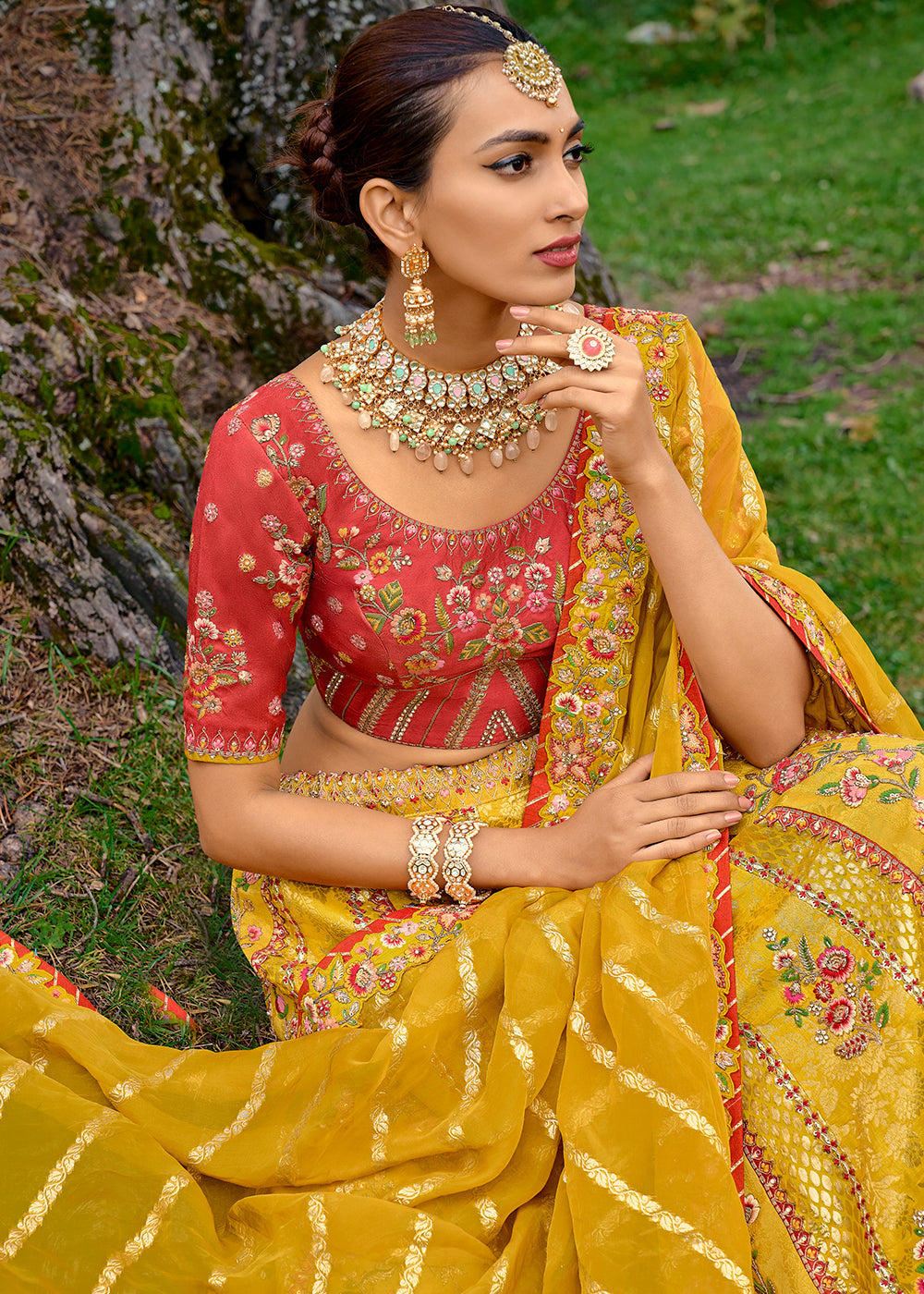 Canary Yellow Dola Silk lehenga with Stone,Thread,Resham & Heavy Embroidery work