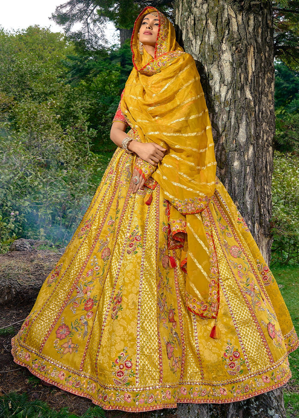 Canary Yellow Dola Silk lehenga with Stone,Thread,Resham & Heavy Embroidery work