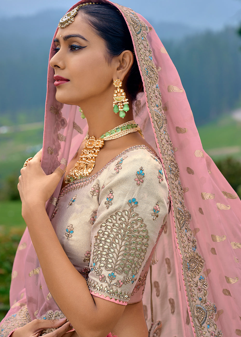 Multi Colored Georgette Silk lehenga with Stone,Thread,Resham & Heavy Embroidery work