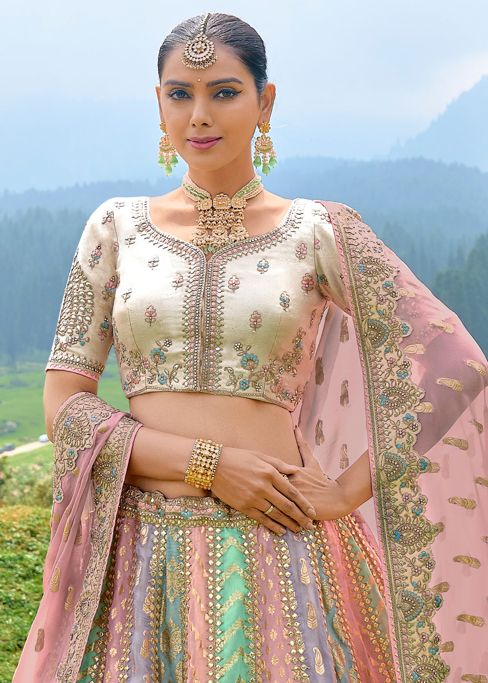 Multi Colored Georgette Silk lehenga with Stone,Thread,Resham & Heavy Embroidery work