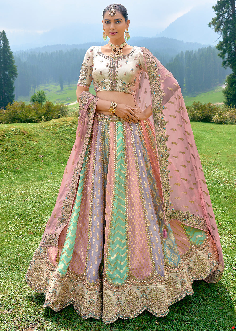 Multi Colored Georgette Silk lehenga with Stone,Thread,Resham & Heavy Embroidery work