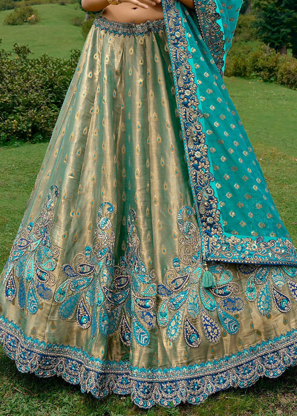 Opulent Gold & Blue Dola Silk lehenga with Stone,Thread,Resham & Heavy Embroidery work