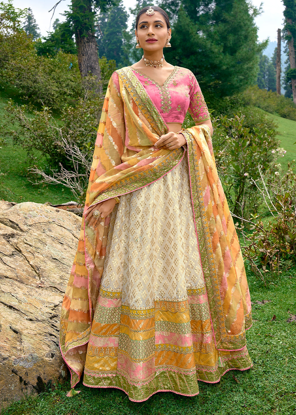 White & Pink Georgette Silk lehenga with Stone,Thread,Resham & Heavy Embroidery work