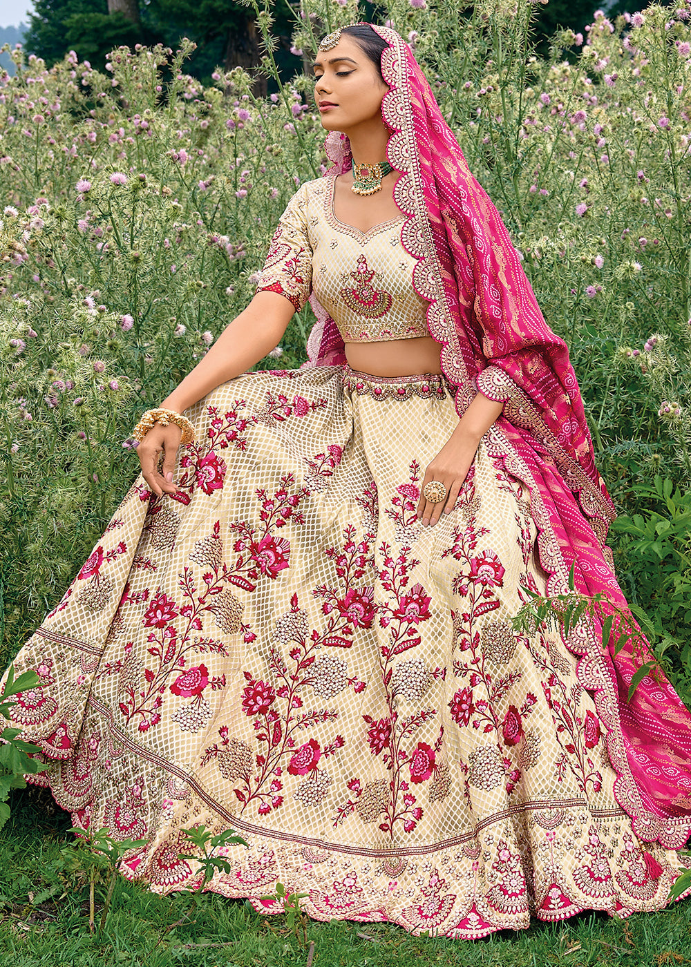 Parchment White Dola Silk lehenga with Stone,Thread,Resham & Heavy Embroidery work