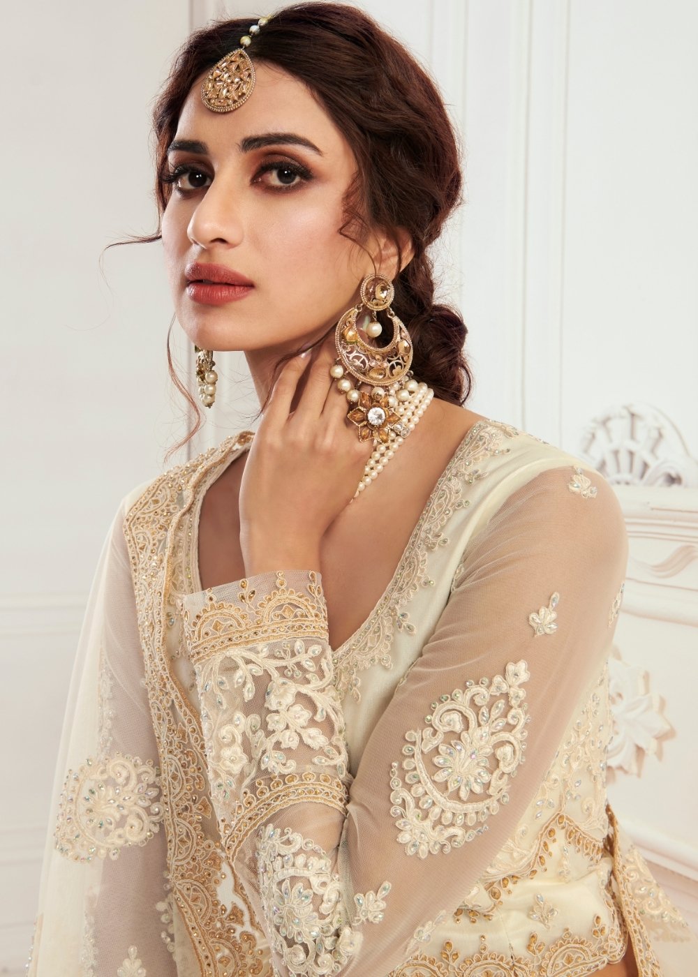 Ivory White Soft Net Lehenga Choli with Cording, Stonework, Thread & Zari Embroidery