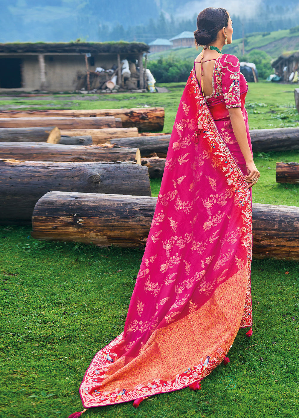 Magenta Pink Dola Silk Saree with Heavy Embroidery work