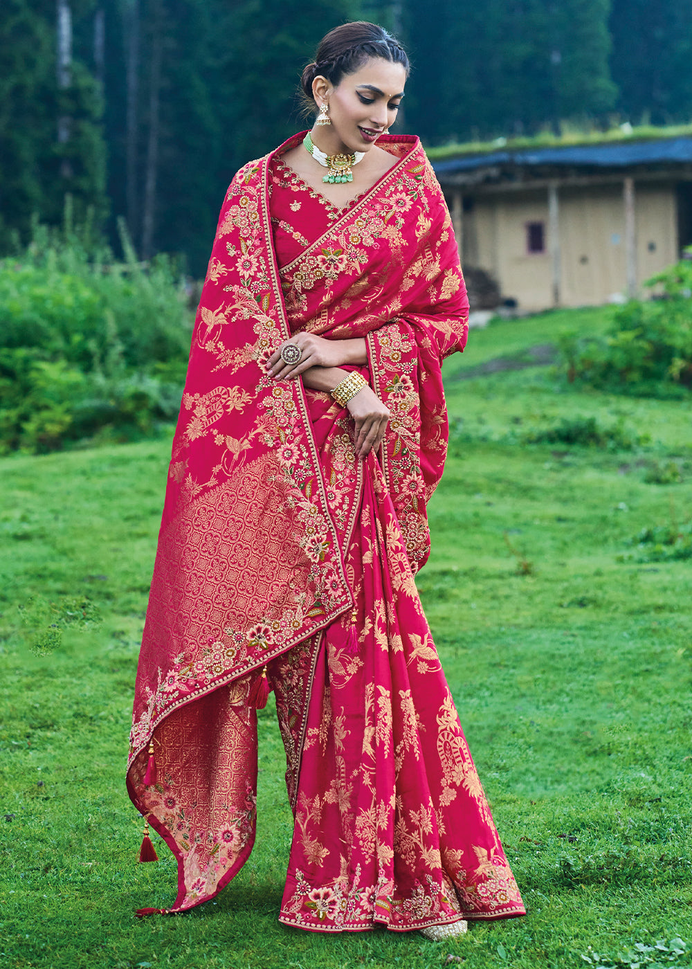 Cerise Pink Dola Silk Saree with Heavy Embroidery work (Pre-Order)