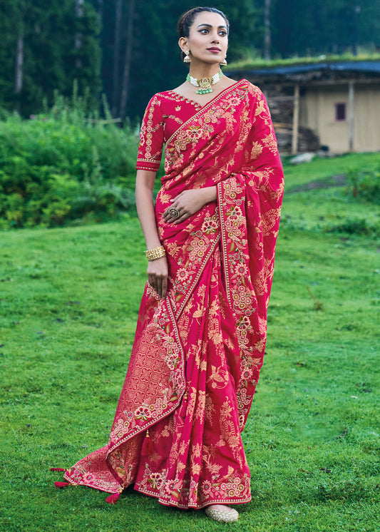 Cerise Pink Dola Silk Saree with Heavy Embroidery work (Pre-Order)