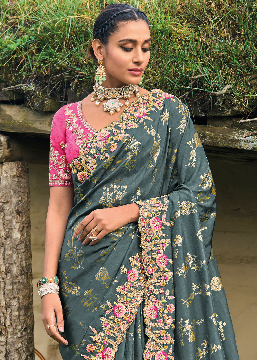 Mid Grey Dola Silk Saree with Heavy Embroidery work