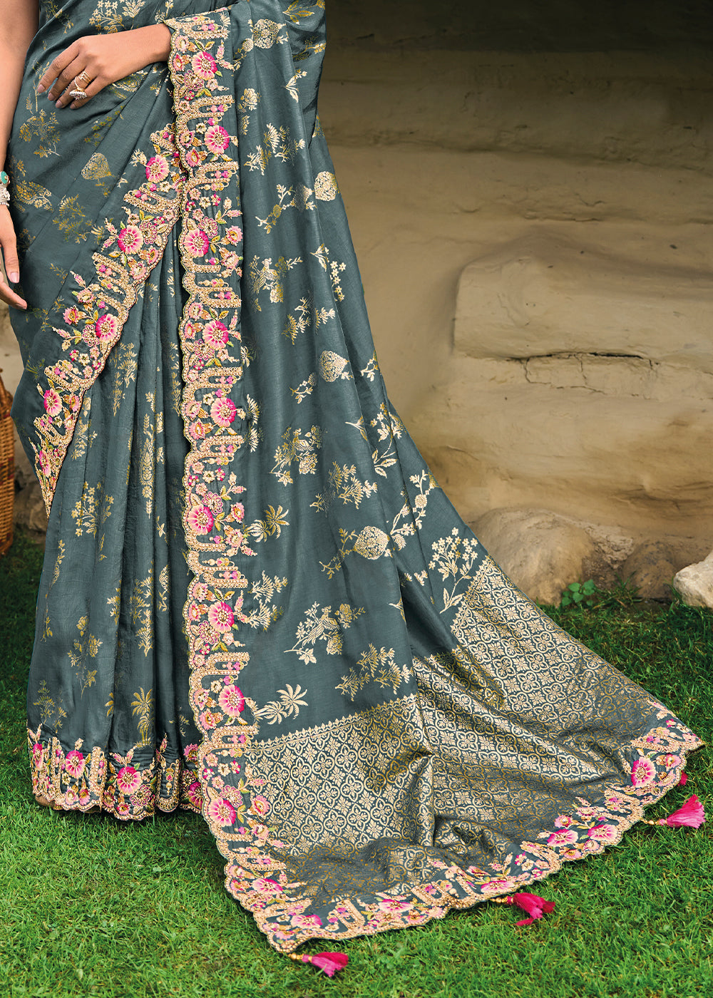 Mid Grey Dola Silk Saree with Heavy Embroidery work