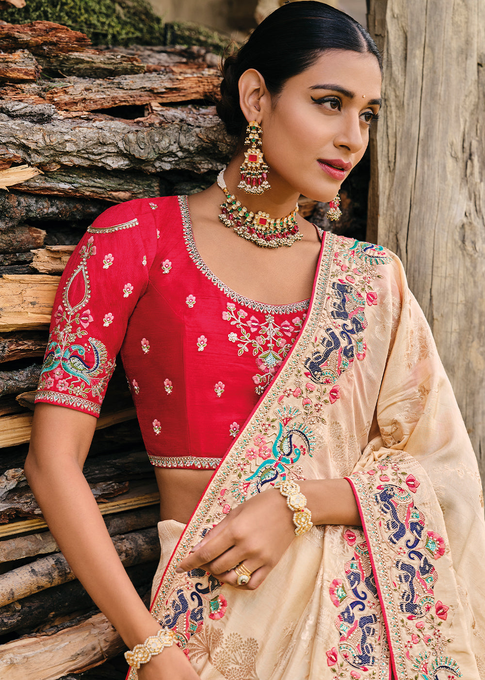 Beige Brown Dola Silk Saree with Heavy Embroidery work