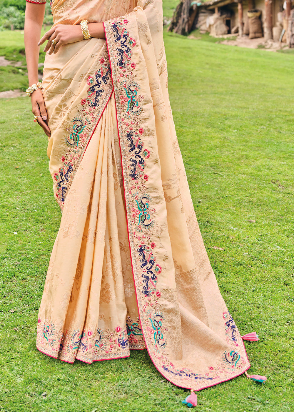 Beige Brown Dola Silk Saree with Heavy Embroidery work