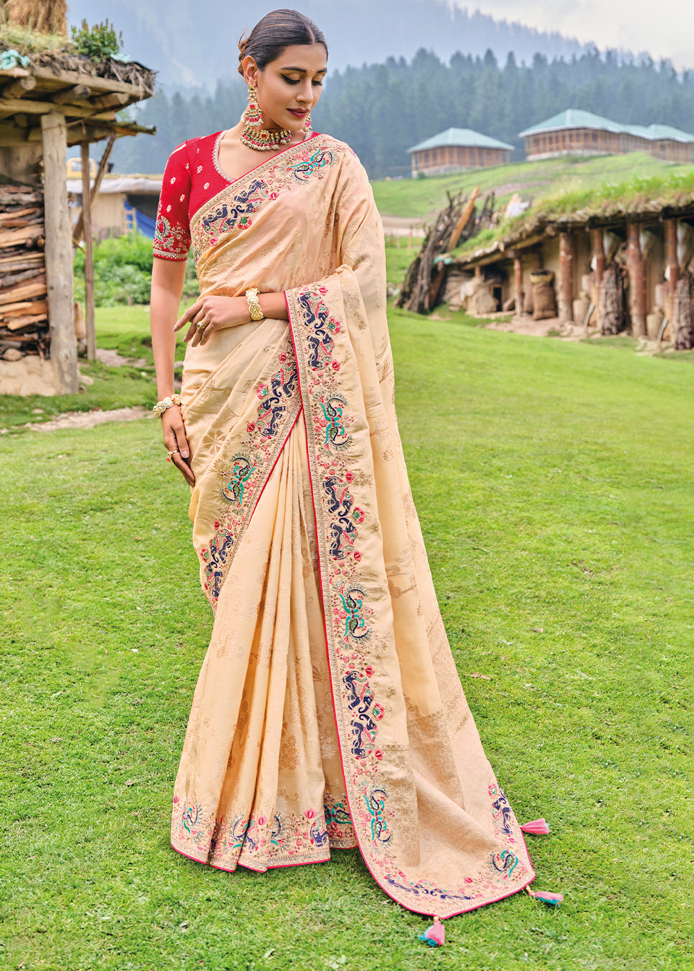 Beige Brown Dola Silk Saree with Heavy Embroidery work