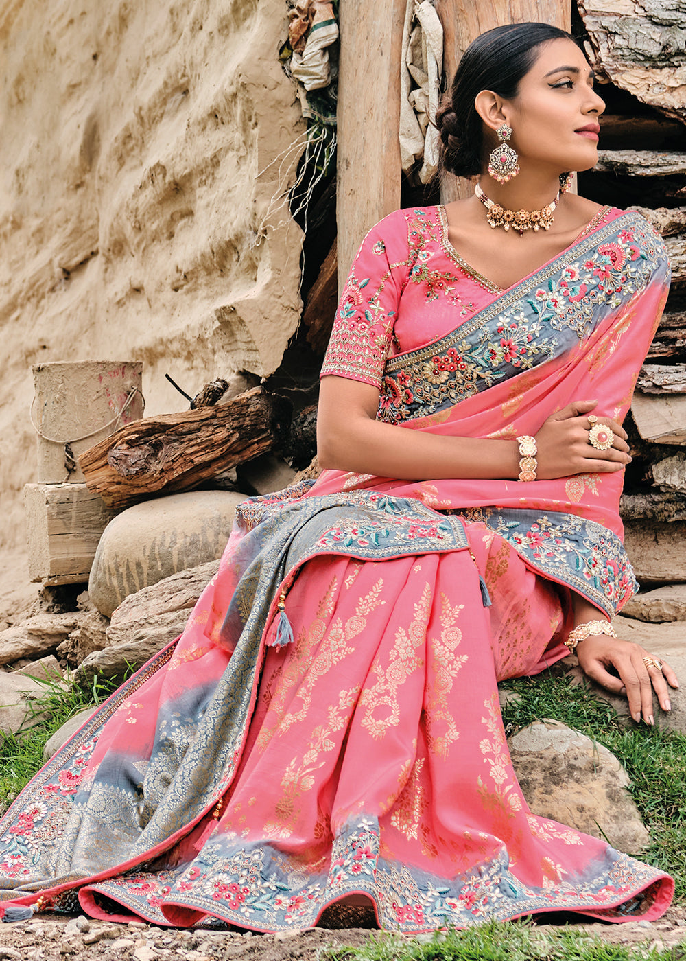 Light Punch Pink Dola Silk Saree with Heavy Embroidery work