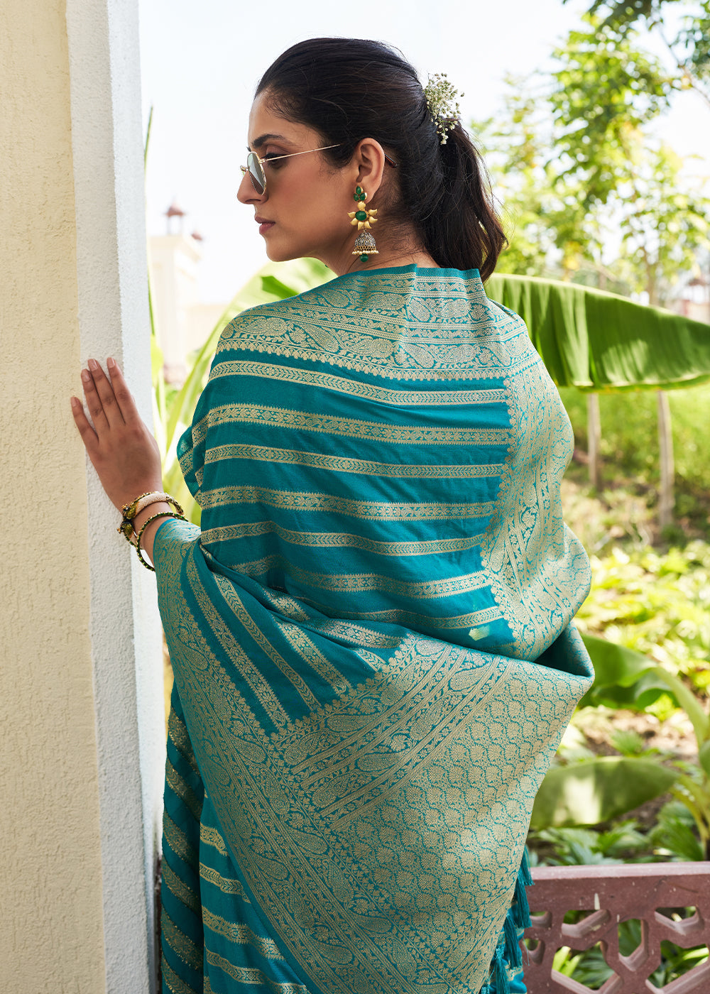 Teal Blue Zari Woven Leheriya Georgette Saree