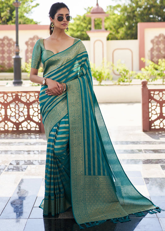 Teal Blue Zari Woven Leheriya Georgette Saree