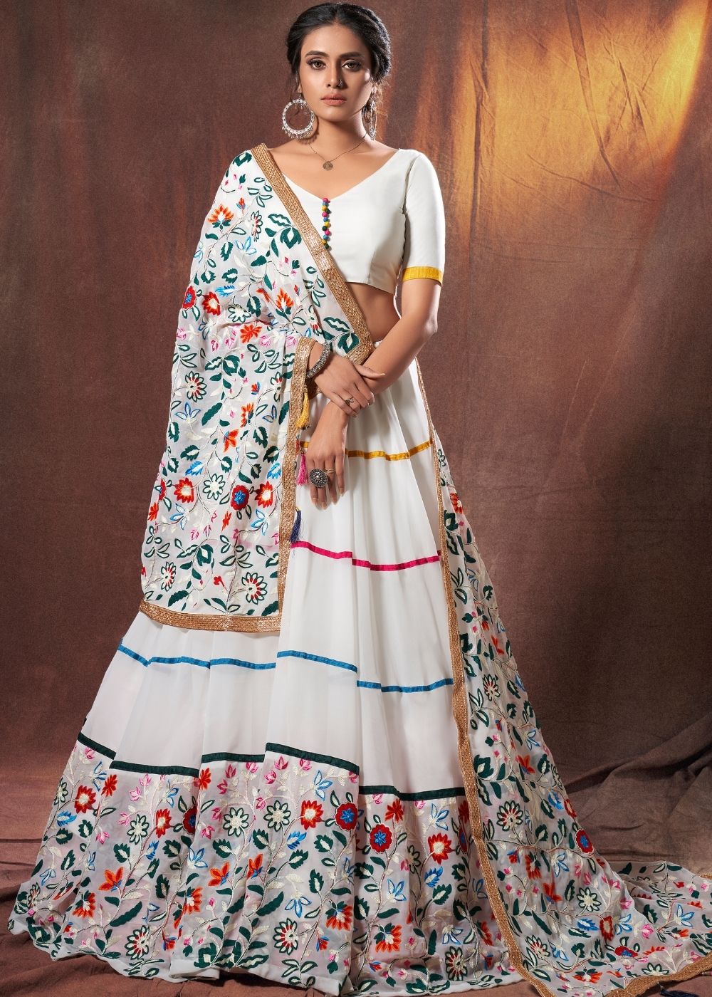 Daisy White Designer Georgette Lehenga Choli with Thread work(Pre-Order)