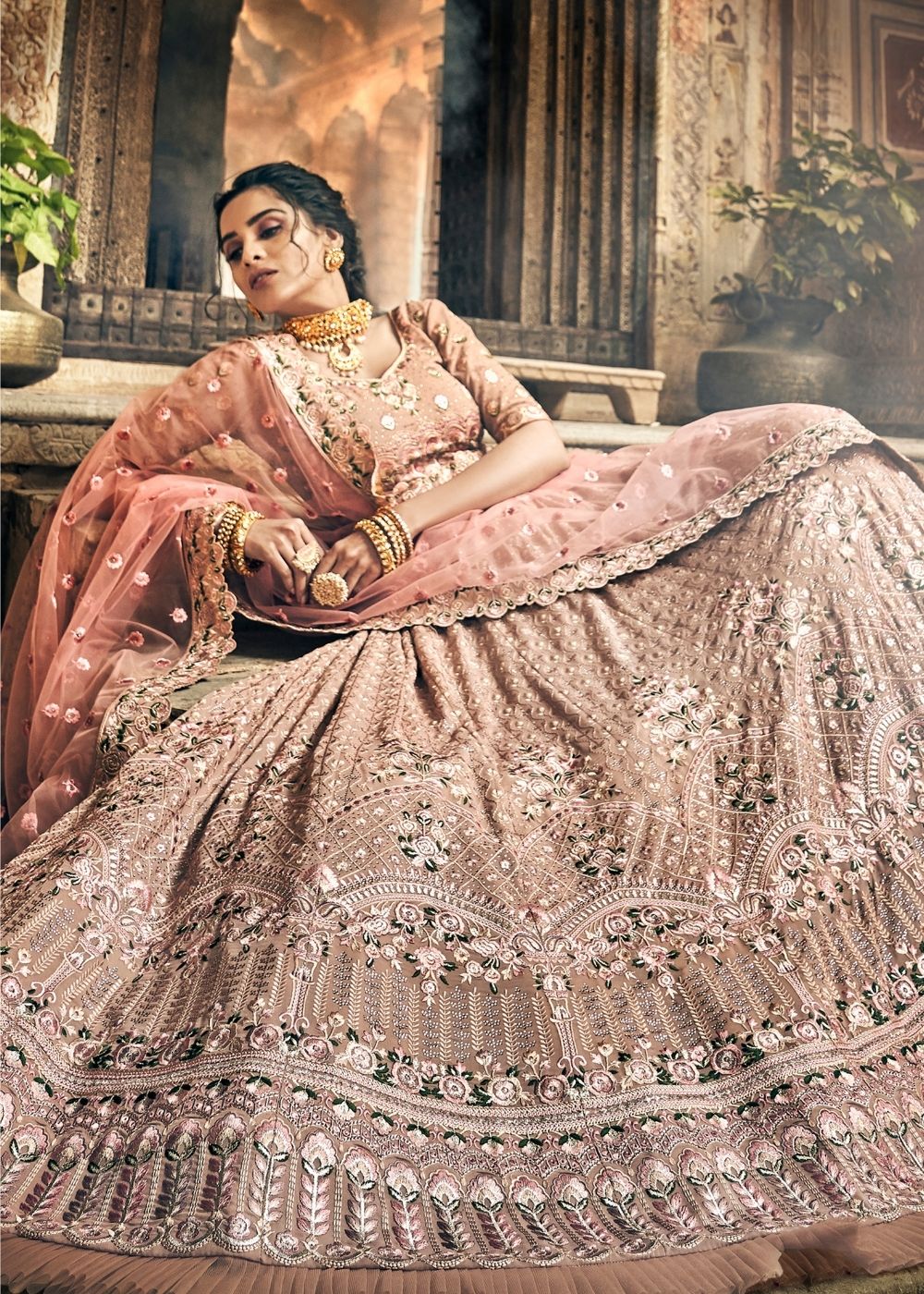Rose Pink Georgette Lehenga Choli with Swarovski Thread and Zari work (Pre-Order)