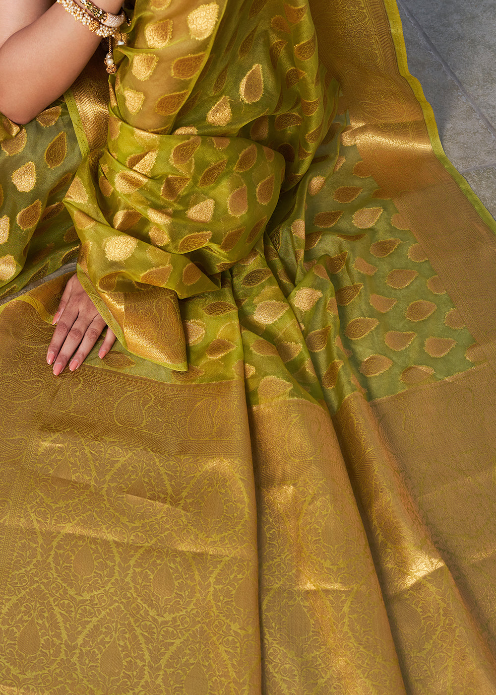 Avocado Green Woven Organza Saree