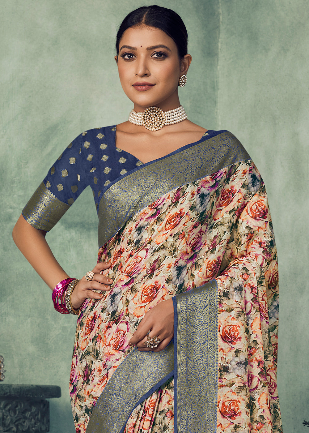 Shades Of Blue Digital Printed Tissue Silk Saree