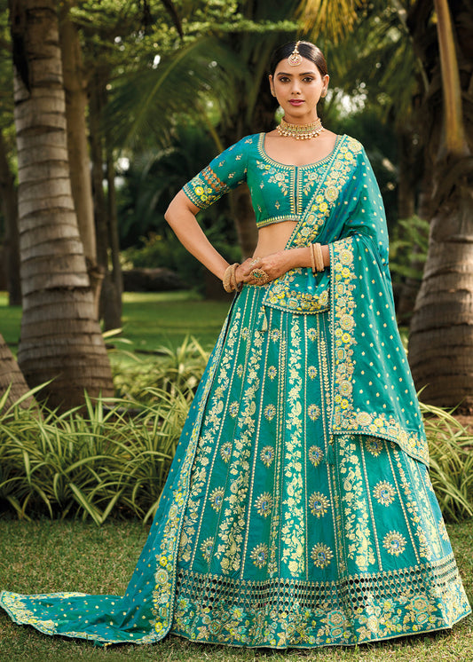 Iris Blue Banarasi Silk Lehenga Choli with Embroidery,Sequence & Weaving work