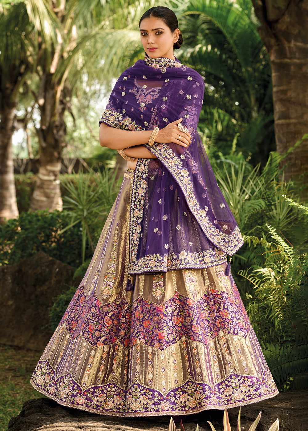 Purple & Brown Banarasi Silk Lehenga Choli with Embroidery,Sequence & Weaving work