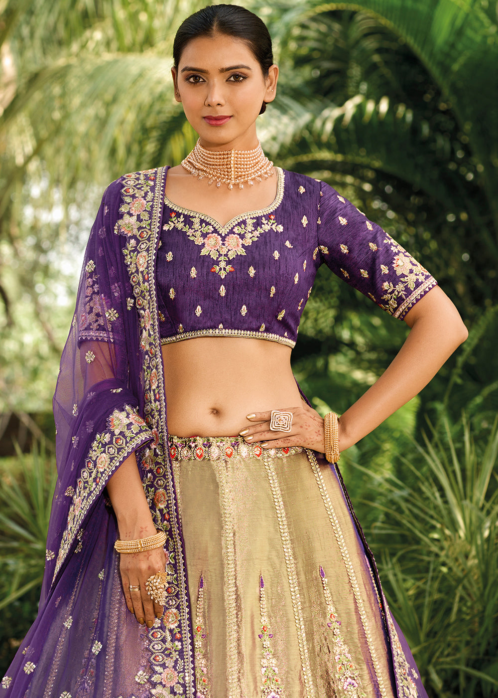 Purple & Brown Banarasi Silk Lehenga Choli with Embroidery,Sequence & Weaving work