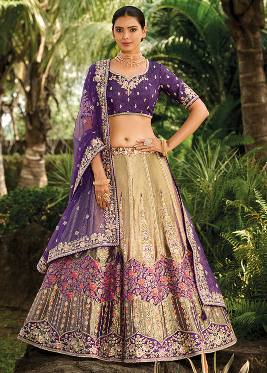 Purple & Brown Banarasi Silk Lehenga Choli with Embroidery,Sequence & Weaving work