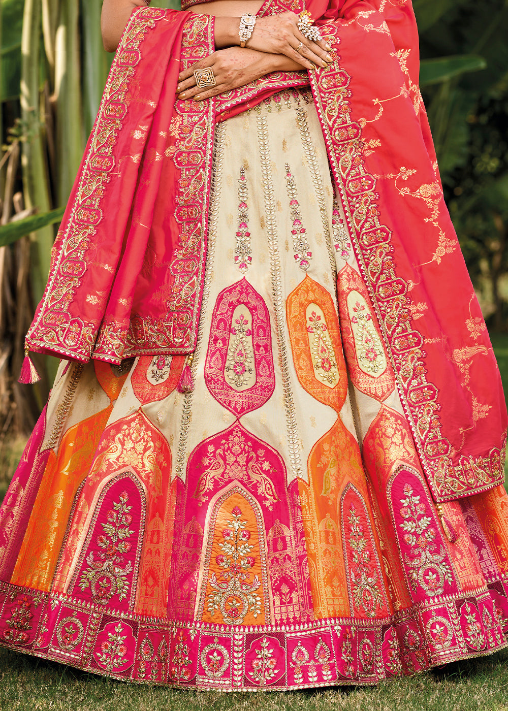 Daisy White & Pink Banarasi Silk Lehenga Choli with Embroidery,Sequence & Weaving work