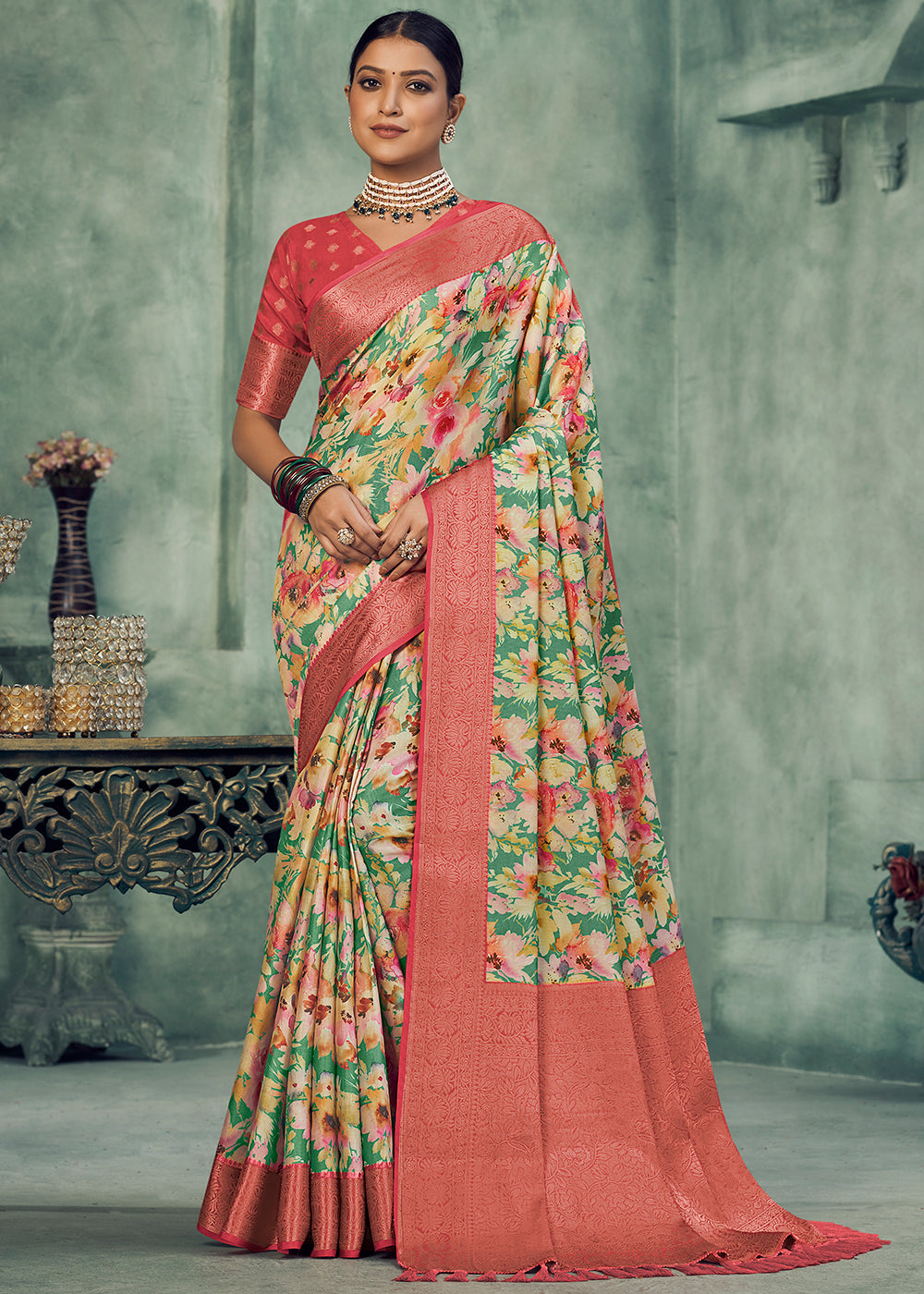 Rice White Digital Printed Tissue Silk Saree