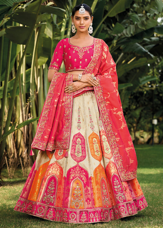 Daisy White & Pink Banarasi Silk Lehenga Choli with Embroidery,Sequence & Weaving work