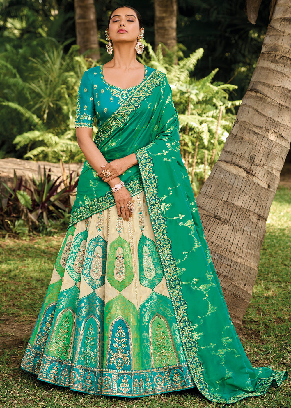 Blue & Green Banarasi Silk Lehenga Choli with Embroidery,Sequence & Weaving work