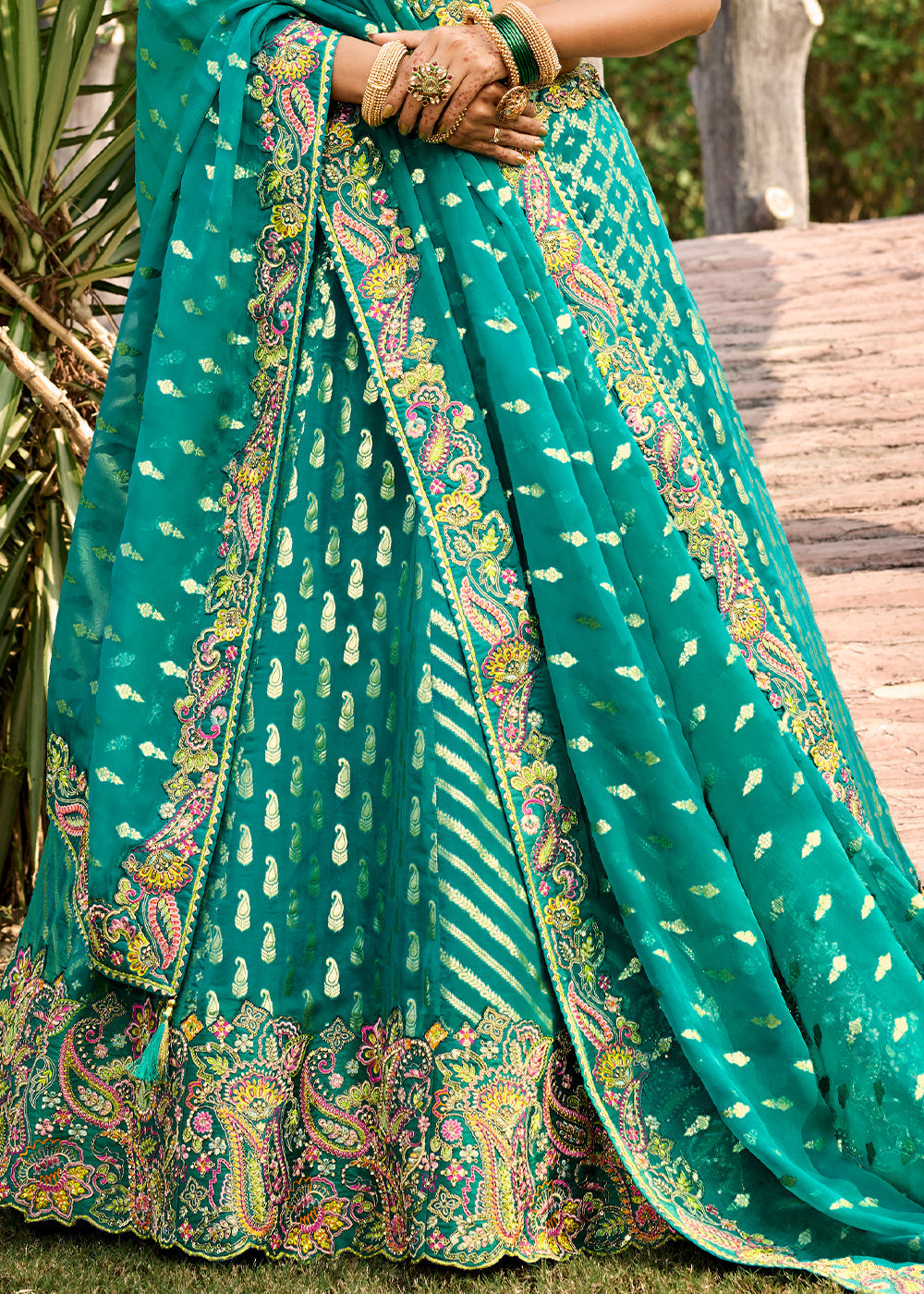 Bondi Blue Crepe Georgette Lehenga with Embroidery, Thread work & Jacquard Butti all over