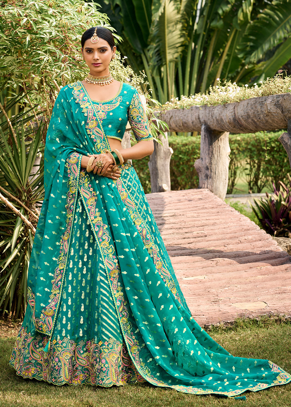 Bondi Blue Crepe Georgette Lehenga with Embroidery, Thread work & Jacquard Butti all over