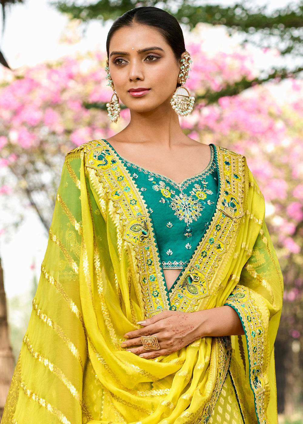 Lemon Yellow Crepe Georgette Lehenga with Embroidery, Thread work & Jacquard Butti all over