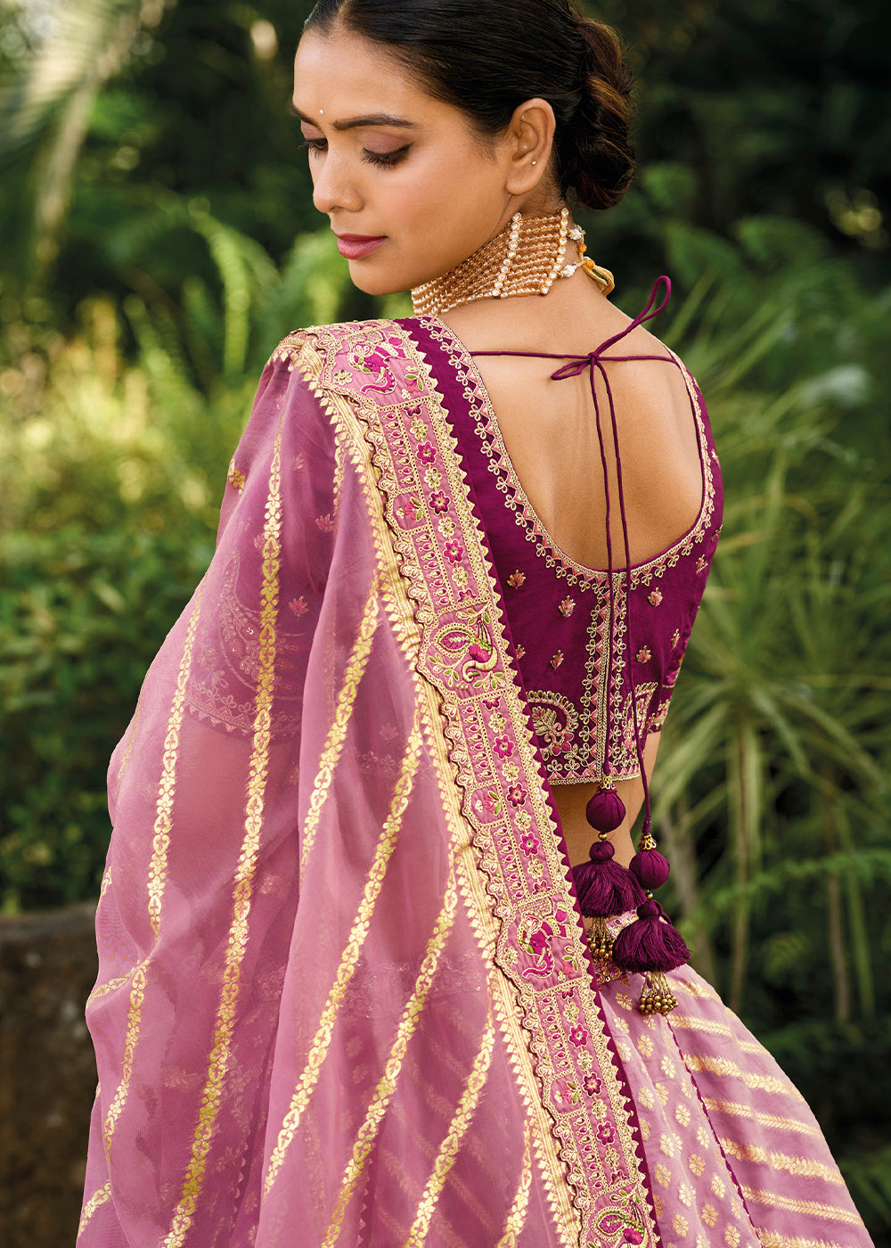 Shades Of Purple Crepe Georgette Lehenga with Embroidery, Thread work & Jacquard Butti all over