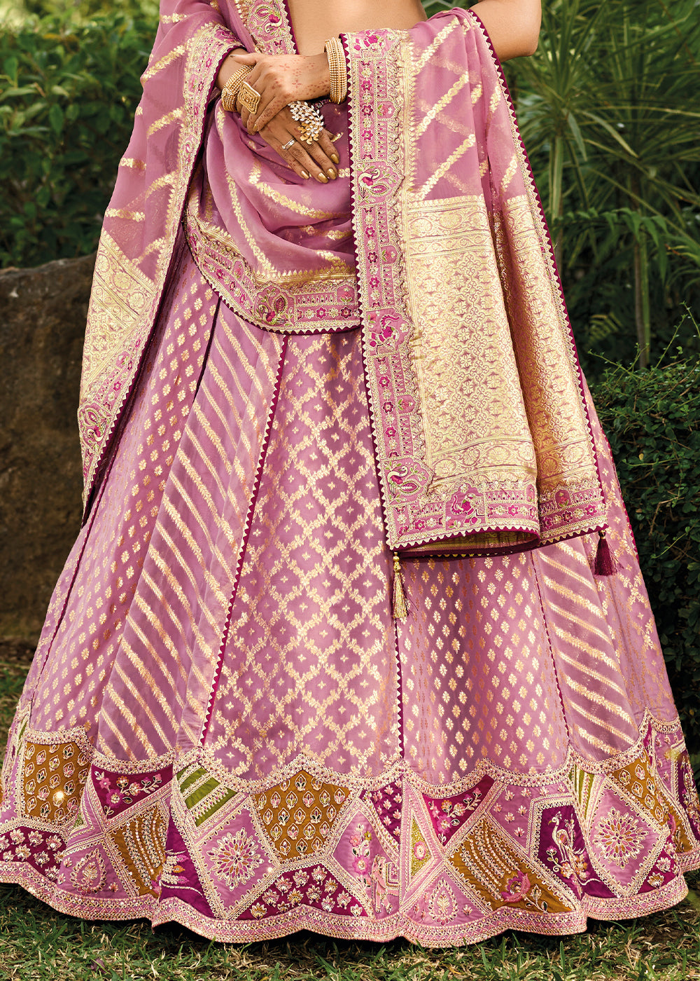 Shades Of Purple Crepe Georgette Lehenga with Embroidery, Thread work & Jacquard Butti all over