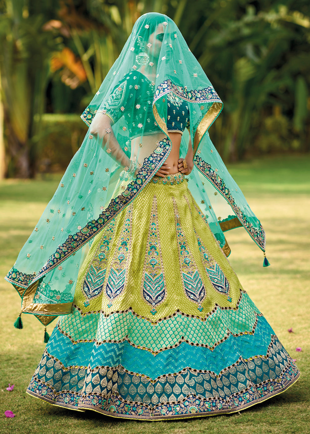 Shades Of Blue Crepe Georgette Lehenga with Embroidery, Thread work & Jacquard Butti all over