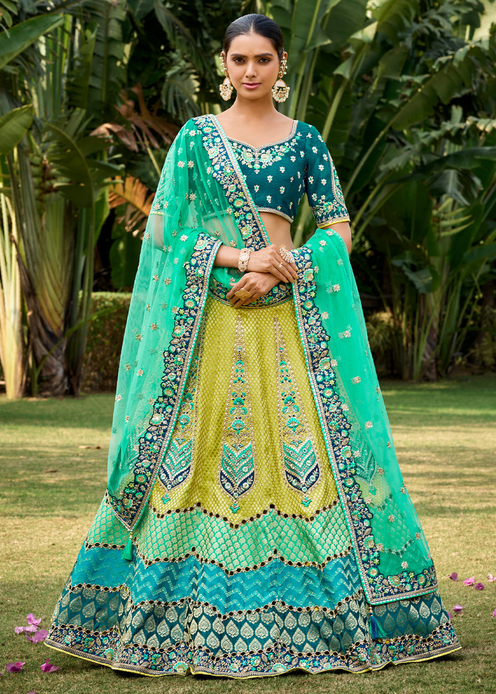 Shades Of Blue Crepe Georgette Lehenga with Embroidery, Thread work & Jacquard Butti all over