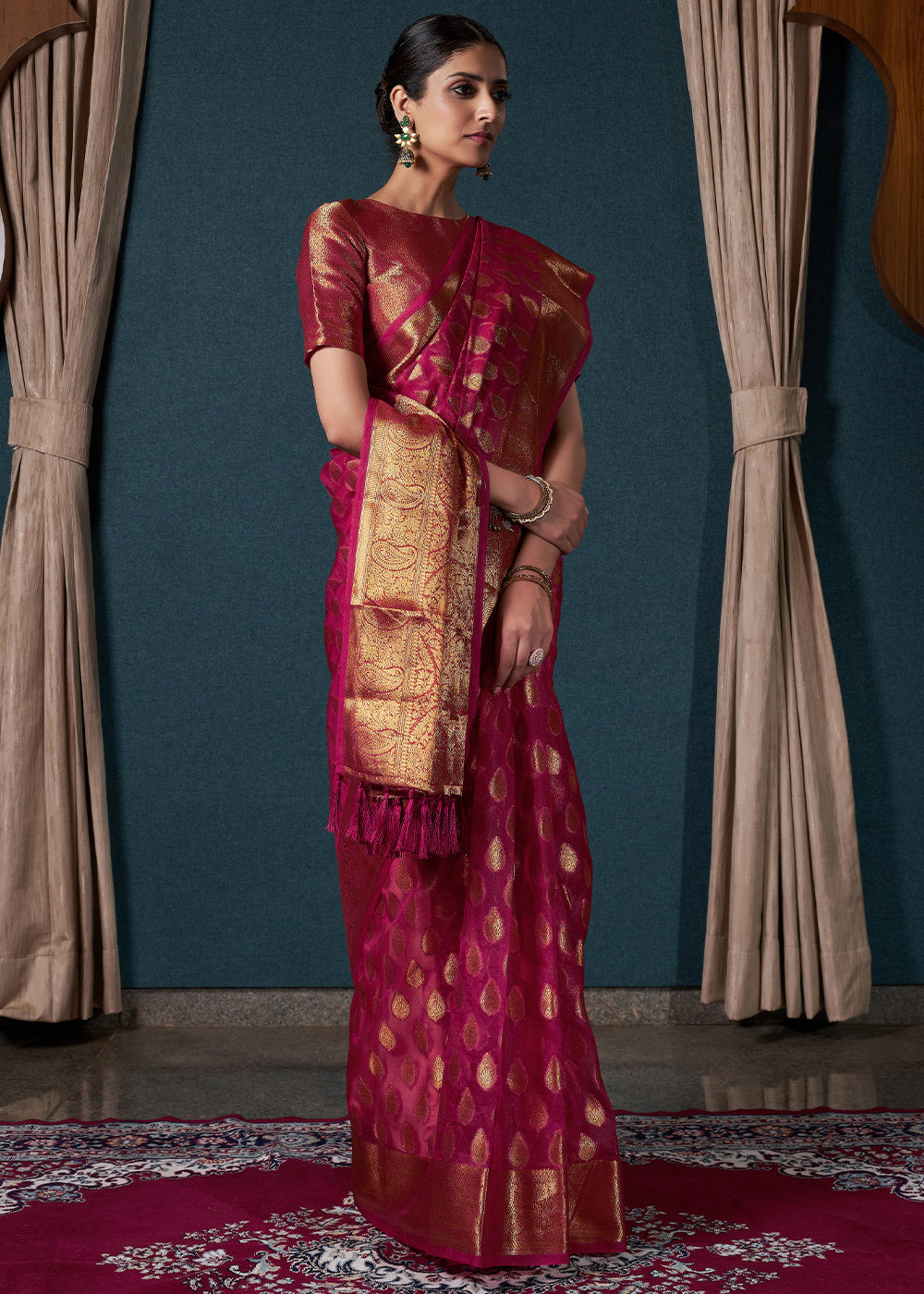 Magenta Pink Woven Organza Saree