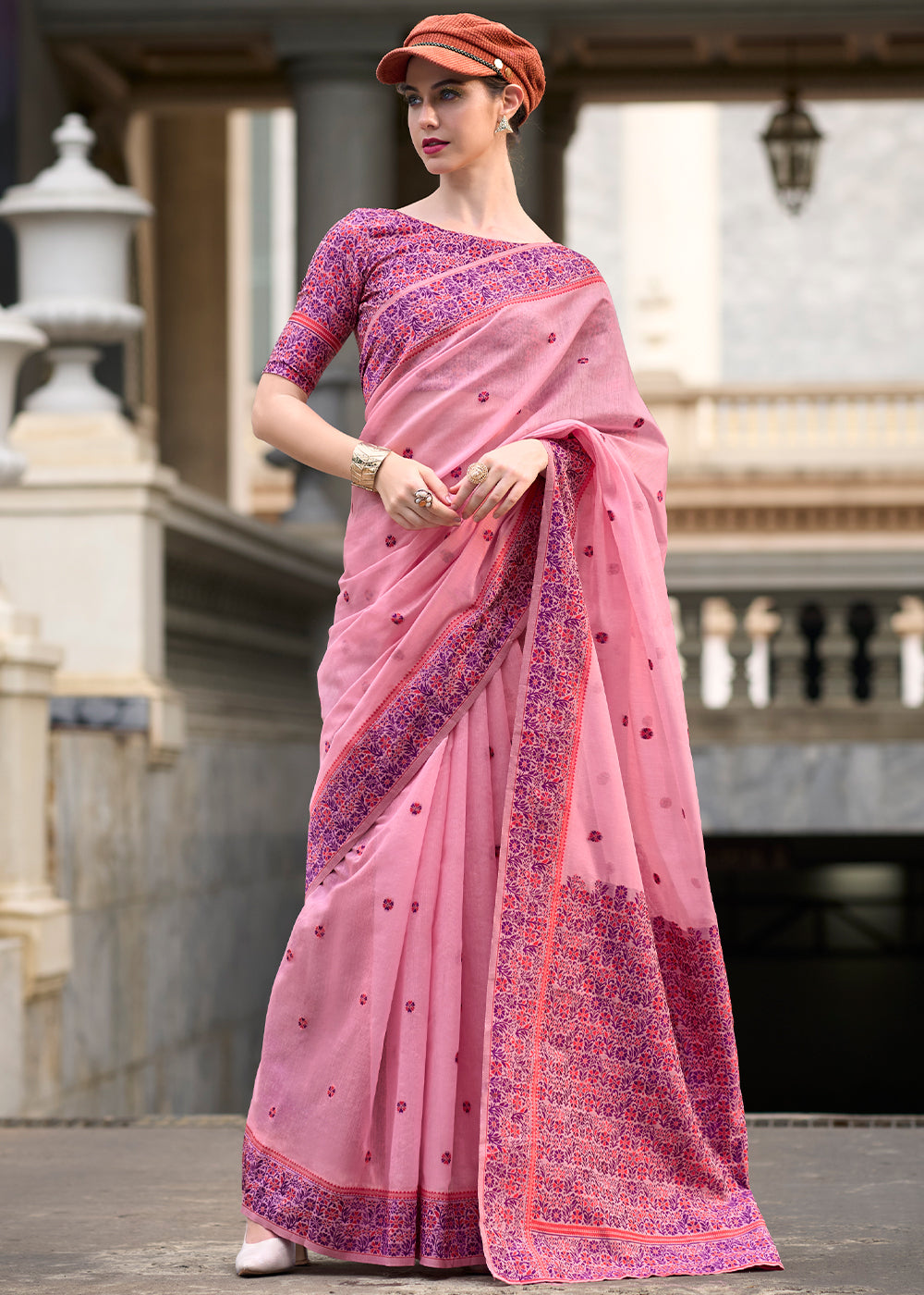 Vivid Pink Linen Silk Saree