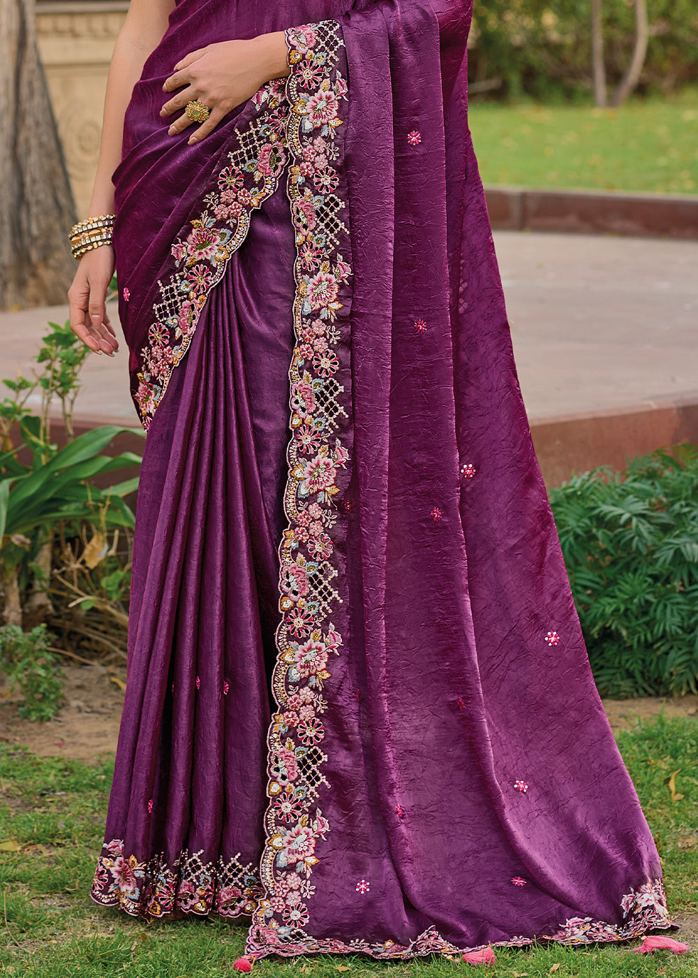 Lollipop Purple Tissue Organza Silk with Embroidery Cut Work Border, Stone & Sequence work