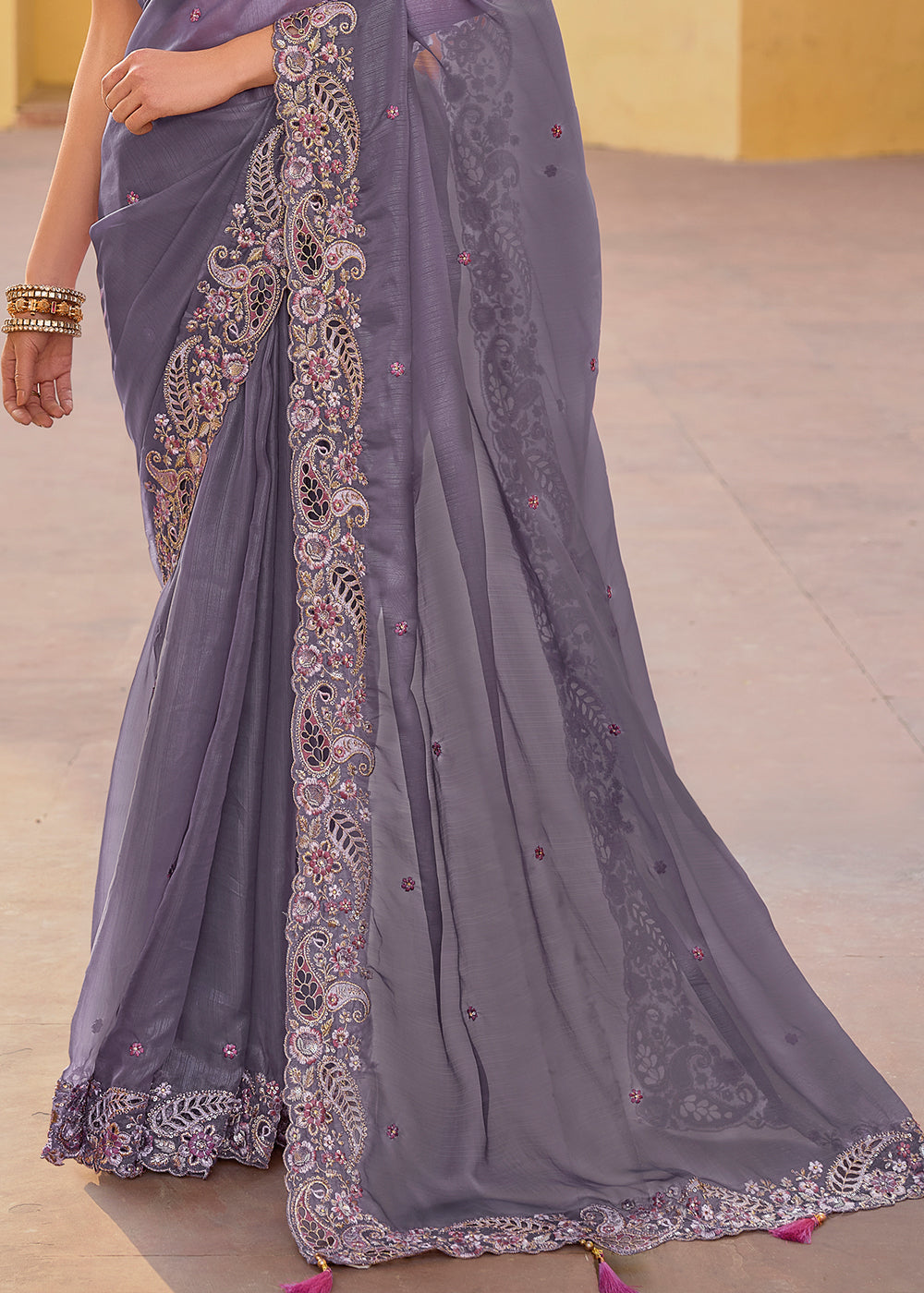 Rain Purple Tissue Organza Silk with Embroidery Cut Work Border, Stone & Sequence work