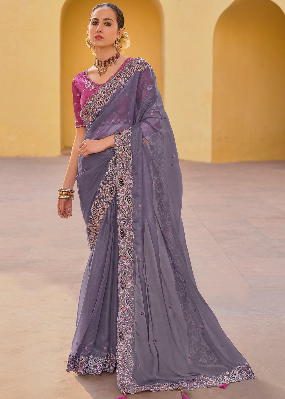 Rain Purple Tissue Organza Silk with Embroidery Cut Work Border, Stone & Sequence work